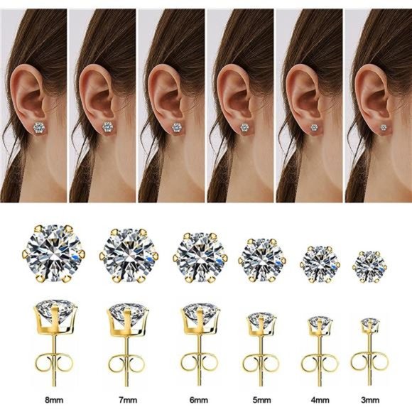 6 Pairs Stainless Steel Stud Earrings Set Hypoallergenic Cubic Zirconia - Picture 2 of 6